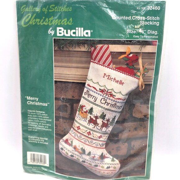 BUCILLA Christmas Heirloom STOCKING #32460 CROSS STITCH MERRY CHRISTMAS 16" PICS - Picture 5 of 7
